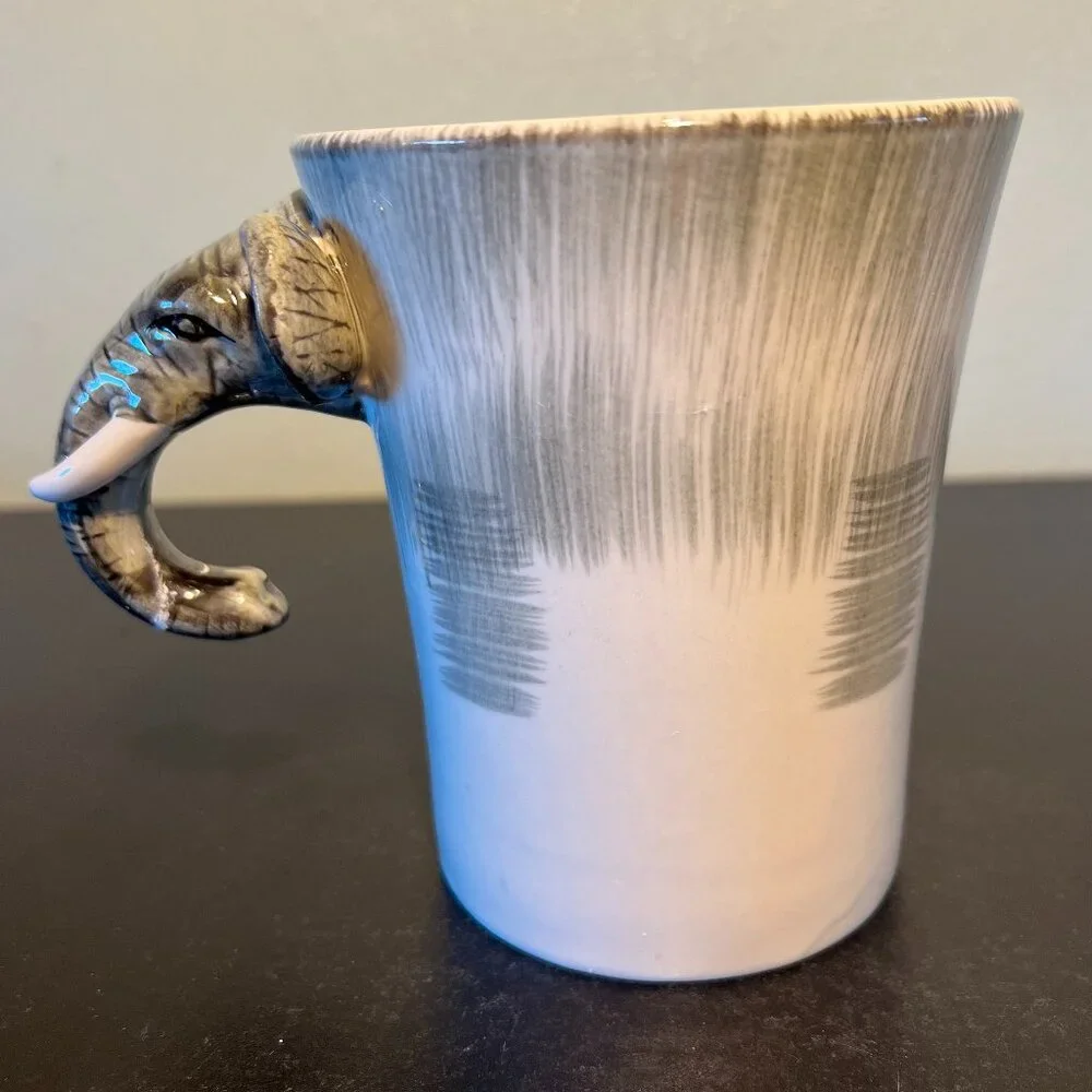 PIER 1 IMPORTS 3-D Hand Painted Stoneware Elephant Mug Cup Elephant Head Handle